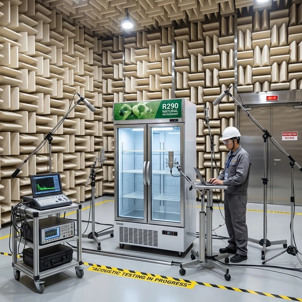 Refrigerator noise and vibration testing in an acoustic chamber