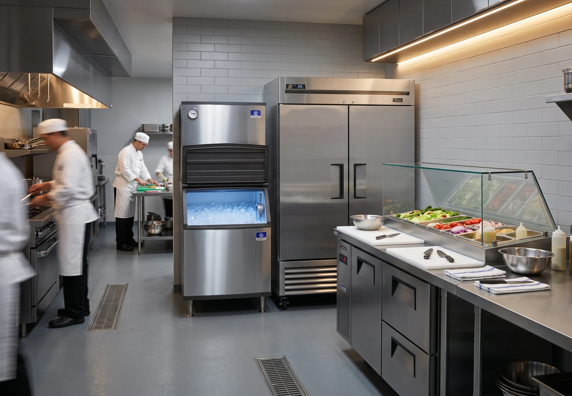 Refrigeration and prep equipment in a professional kitchen