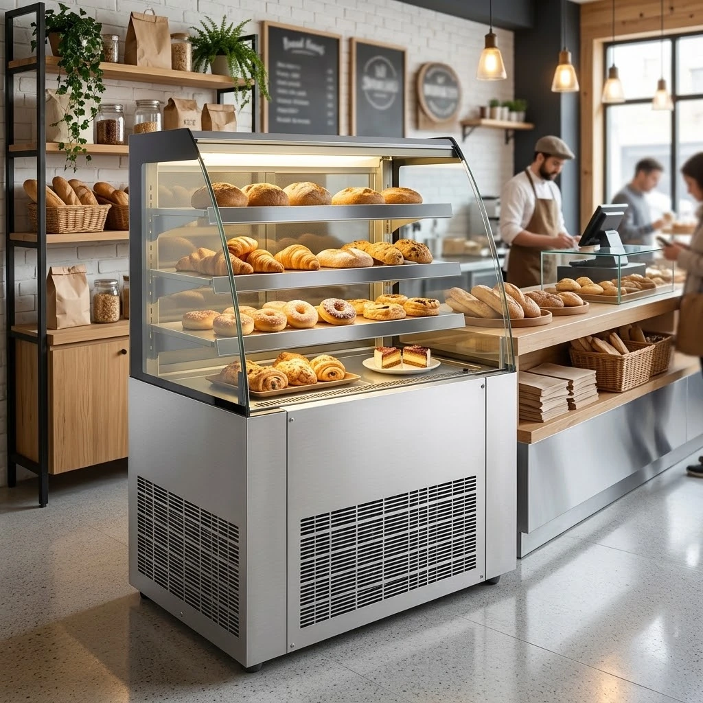 Refrigerated pastry display in a bakery
