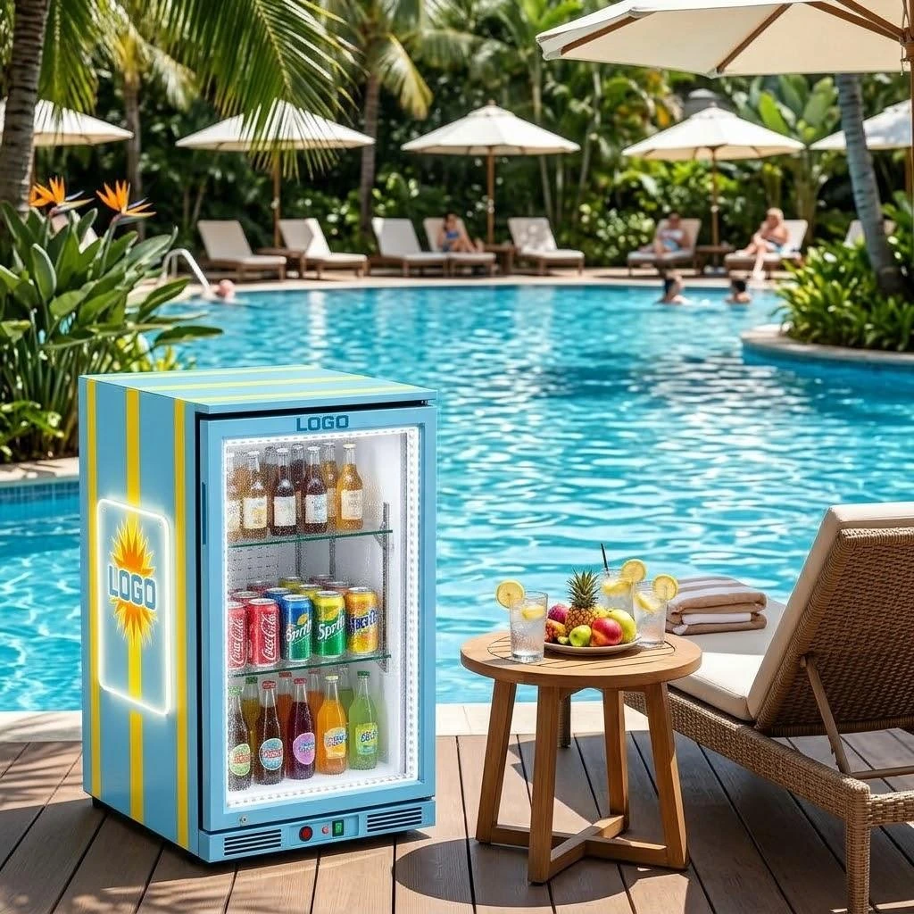 Custom-branded beverage refrigerator in an outdoor hospitality setting
